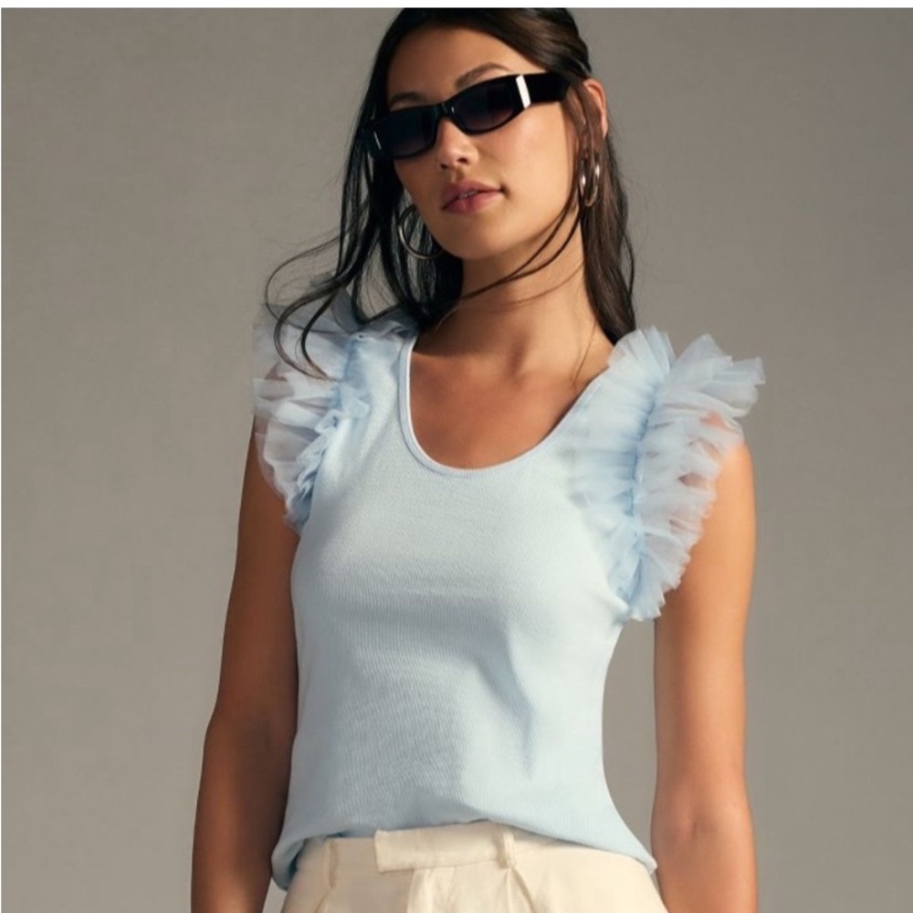New Anthropologie Dolan Tulle Ruffle Sleeve Tank- Sky Blue